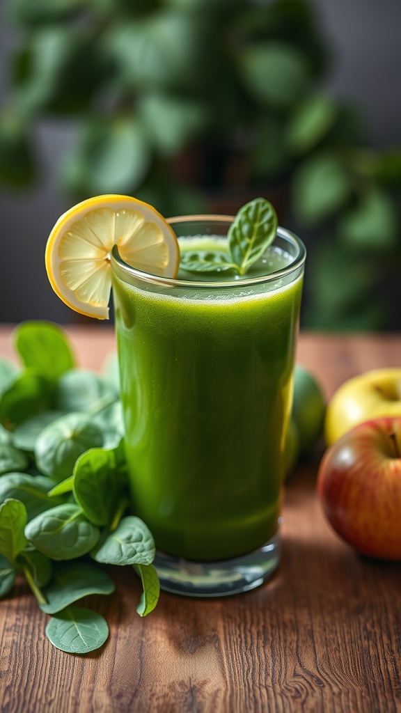 A glass of fresh spinach juice garnished with lemon, surrounded by spinach leaves and an apple on a wooden table.